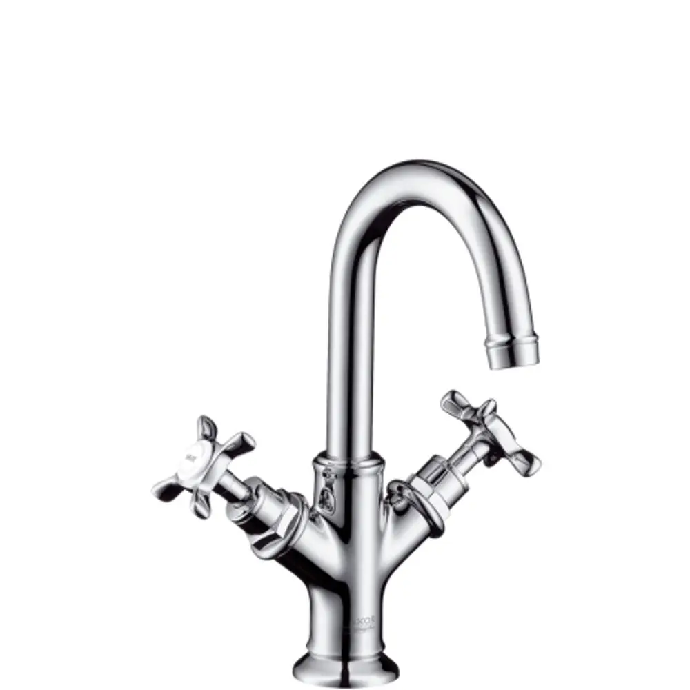 Waschtischarmatur mit zwei Kreuzgriffen in Chromausführung, designed von AXOR, geeignet für Handwaschbecken, mit Zugstangen-Ablaufgarnitur.